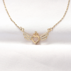 Mey İthalat® 316L Çelik Gold Renk Zirkon Taşlı Kalpli Kanat Kolye