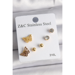 Mey İthalat® 316L Çelik Gold Renk Zirkon Taşlı Kelebek Figür Kadın Küpe Seti