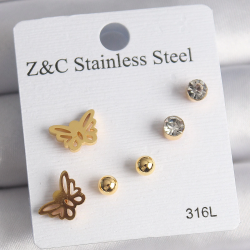 Mey İthalat® 316L Çelik Gold Renk Zirkon Taşlı Kelebek Figür Kadın Küpe Seti