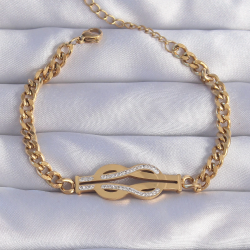 Mey İthalat® 316L Çelik Gold Renk Zirkon Taşlı Kemer Tokası Model Zincir Bileklik