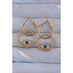 Mey İthalat® 316L Çelik Gold Renk Zirkon Taşlı Mavi Göz Tasarımlı Halka Küpe