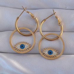 Mey İthalat® 316L Çelik Gold Renk Zirkon Taşlı Mavi Göz Tasarımlı Halka Küpe