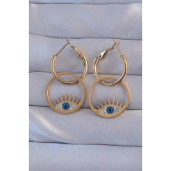 Mey İthalat® 316L Çelik Gold Renk Zirkon Taşlı Mavi Göz Tasarımlı Halka Küpe