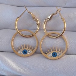 Mey İthalat® 316L Çelik Gold Renk Zirkon Taşlı Mavi Göz Tasarımlı Halka Küpe