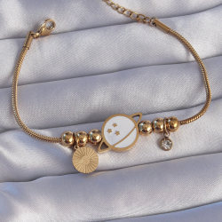 Mey İthalat® 316L Çelik Gold Renk Zirkon Taşlı Mineli Satürn Tasarımlı Bileklik