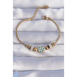 Mey İthalat® 316L Çelik Gold Renk Zirkon Taşlı Nazarlı Çiçek Tasarımlı Bileklik