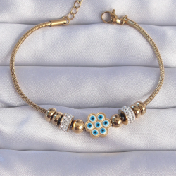 Mey İthalat® 316L Çelik Gold Renk Zirkon Taşlı Nazarlı Çiçek Tasarımlı Bileklik