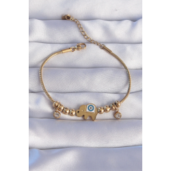 Mey İthalat® 316L Çelik Gold Renk Zirkon Taşlı Nazarlı Fil Tasarımlı Bileklik