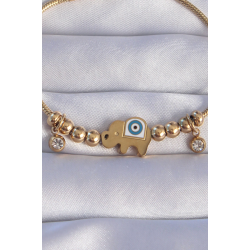 Mey İthalat® 316L Çelik Gold Renk Zirkon Taşlı Nazarlı Fil Tasarımlı Bileklik