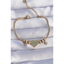 Mey İthalat® 316L Çelik Gold Renk Zirkon Taşlı Nazarlı Kalp Tasarımlı Bileklik