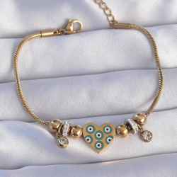 Mey İthalat® 316L Çelik Gold Renk Zirkon Taşlı Nazarlı Kalp Tasarımlı Bileklik