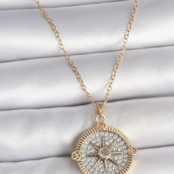 Mey İthalat® 316L Çelik Gold Renk Zirkon Taşlı Pusula Model Kadın Kolye