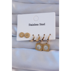 Mey İthalat® 316L Çelik Gold Renk Zirkon Taşlı Sedefli Papatya Model Halka Küpe Seti