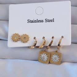 Mey İthalat® 316L Çelik Gold Renk Zirkon Taşlı Sedefli Papatya Model Halka Küpe Seti