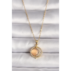 Mey İthalat® 316L Çelik Gold Renk Zirkon Taşlı Turuncu Sedefli Hilal Model Kadın Kolye