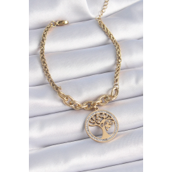 Mey İthalat® 316L Çelik Gold Renk Zirkon Taşlı Yaşam Ağacı Figür Kadın Bileklik