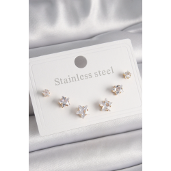 Mey İthalat® 316L Çelik Gold Renk Zirkon Taşlı Yıldız Model Kadın Küpe Seti