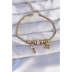 Mey İthalat® 316L Çelik Gold Renk Zirkon Taşlı Yonca Detay Nazarlı Anahtar Tasarımlı Bileklik