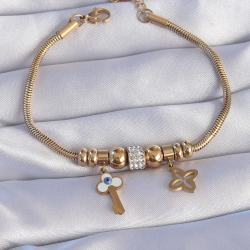 Mey İthalat® 316L Çelik Gold Renk Zirkon Taşlı Yonca Detay Nazarlı Anahtar Tasarımlı Bileklik