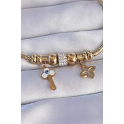 Mey İthalat® 316L Çelik Gold Renk Zirkon Taşlı Yonca Detay Nazarlı Anahtar Tasarımlı Bileklik