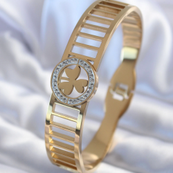 Mey İthalat® 316L Çelik Gold Renk Zirkon Taşlı Yonca Model Kadın Kelepçe