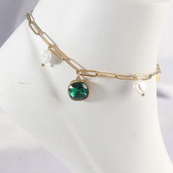 Mey İthalat® 316L Çelik Gold Renk Zümrüt Taş Tasarımlı Halhal