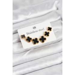 Mey İthalat® 316L Çelik Gold Siyah Renk 3 Boy Yonca Küpe Seti