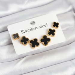 Mey İthalat® 316L Çelik Gold Siyah Renk 3 Boy Yonca Küpe Seti