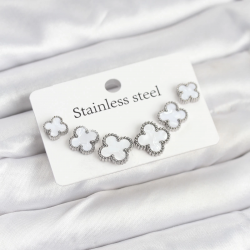 Mey İthalat® 316L Çelik Gümüş Beyaz Renk 3 Boy Yonca Küpe Seti