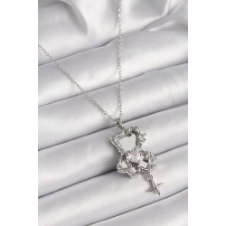 Mey İthalat® 316L Çelik Gümüş Renk Ayna Ayıcık Model Zirkon Taşlı Kalp Detay Kadın Kolye