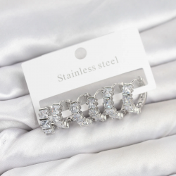 Mey İthalat® 316L Çelik Gümüş Renk Baget Zirkon Taşlı Halka Küpe Seti