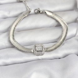 Mey İthalat® 316L Çelik Gümüş Renk Baget Zirkon Taşlı Yılan Zincirli Kadın Bileklik