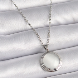 Mey İthalat® 316L Çelik Gümüş Renk Beyaz Sedefli Daire Model Kadın Kolye