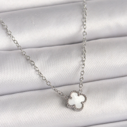 Mey İthalat® 316L Çelik Gümüş Renk Beyaz Yonca Model Kadın Kolye