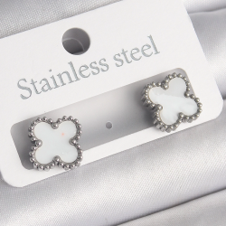 Mey İthalat® 316L Çelik Gümüş Renk Beyaz Yonca Model Kadın Küpe