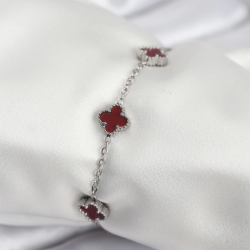 Mey İthalat® 316L Çelik Gümüş Renk Bordo Baby Boy Yonca Kadın Bileklik