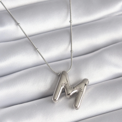 Mey İthalat® 316L Çelik Gümüş Renk Bubble "M" Harf Model Kadın Kolye
