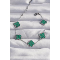 Mey İthalat® 316L Çelik Gümüş Renk Çizgili Yeşil Mineli Yonca Bileklik