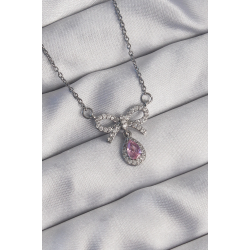 Mey İthalat® 316L Çelik Gümüş Renk Fiyonk Detay Pembe Zirkon Taşlı Damla Kolye