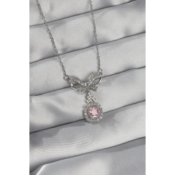 Mey İthalat® 316L Çelik Gümüş Renk Fiyonk Detay Pembe Zirkon Taşlı Tektaş Kolye