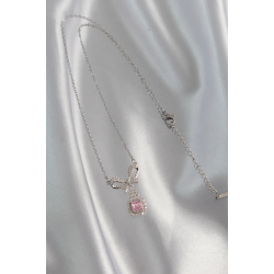 Mey İthalat® 316L Çelik Gümüş Renk Fiyonk Detay Pembe Zirkon Taşlı Tektaş Kolye
