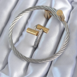 Mey İthalat® 316L Çelik Gümüş Renk Gold Detay Sarmal Model Erkek Bileklik Yüzük Kombini