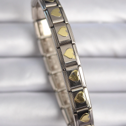 Mey İthalat® 316L Çelik Gümüş Renk Gold Kalp İşleme Nomination Charm Bileklik