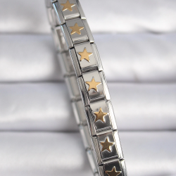 Mey İthalat® 316L Çelik Gümüş Renk Gold Yıldız İşleme Nomination Charm Bileklik