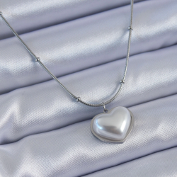 Mey İthalat® 316L Çelik Gümüş Renk İncili Kalp Model Minimal Top Detay Kadın Kolye