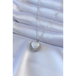 Mey İthalat® 316L Çelik Gümüş Renk İncili Kalp Model Zirkon Taşlı Kadın Kolye