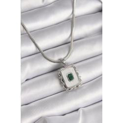 Mey İthalat® 316L Çelik Gümüş Renk İtalyan Zincir Beyaz Sedefli Kare Portre Model Zümrüt Taş Detay Kadın Kolye