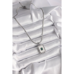 Mey İthalat® 316L Çelik Gümüş Renk İtalyan Zincir Beyaz Sedefli Kare Portre Model Zümrüt Taş Detay Kadın Kolye