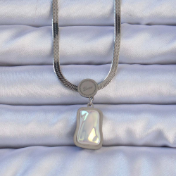 Mey İthalat® 316L Çelik Gümüş Renk İtalyan Zincir Ezme Taşlı Kolye