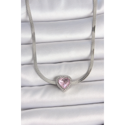 Mey İthalat® 316L Çelik Gümüş Renk İtalyan Zincir Pembe Zirkon Taşlı Kalp Model Kadın Kolye